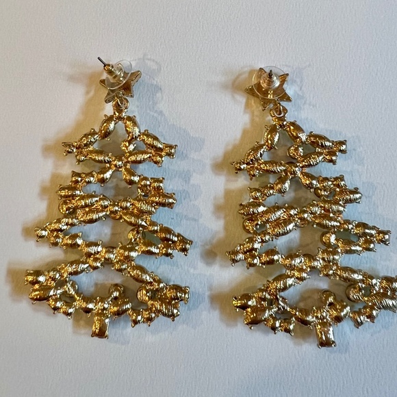 Bauble Bar Christmas Tree Earrings Statement Rhinestones and Crystals Gold 3" - Picture 8 of 8